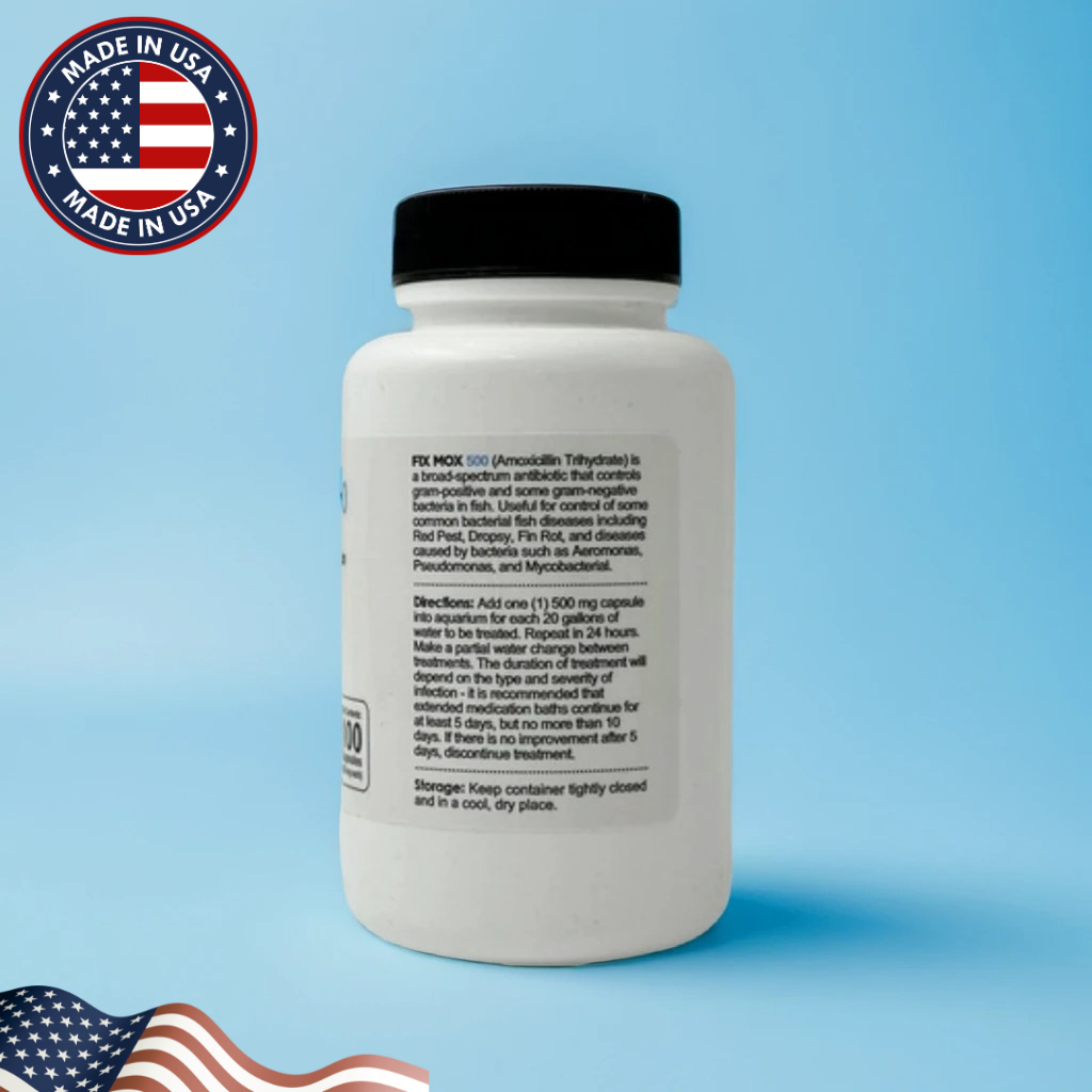 Fish Mox (Amoxicillin) 500mg – 100 Capsules | Broad-Spectrum Aquarium Fish Antibiotic